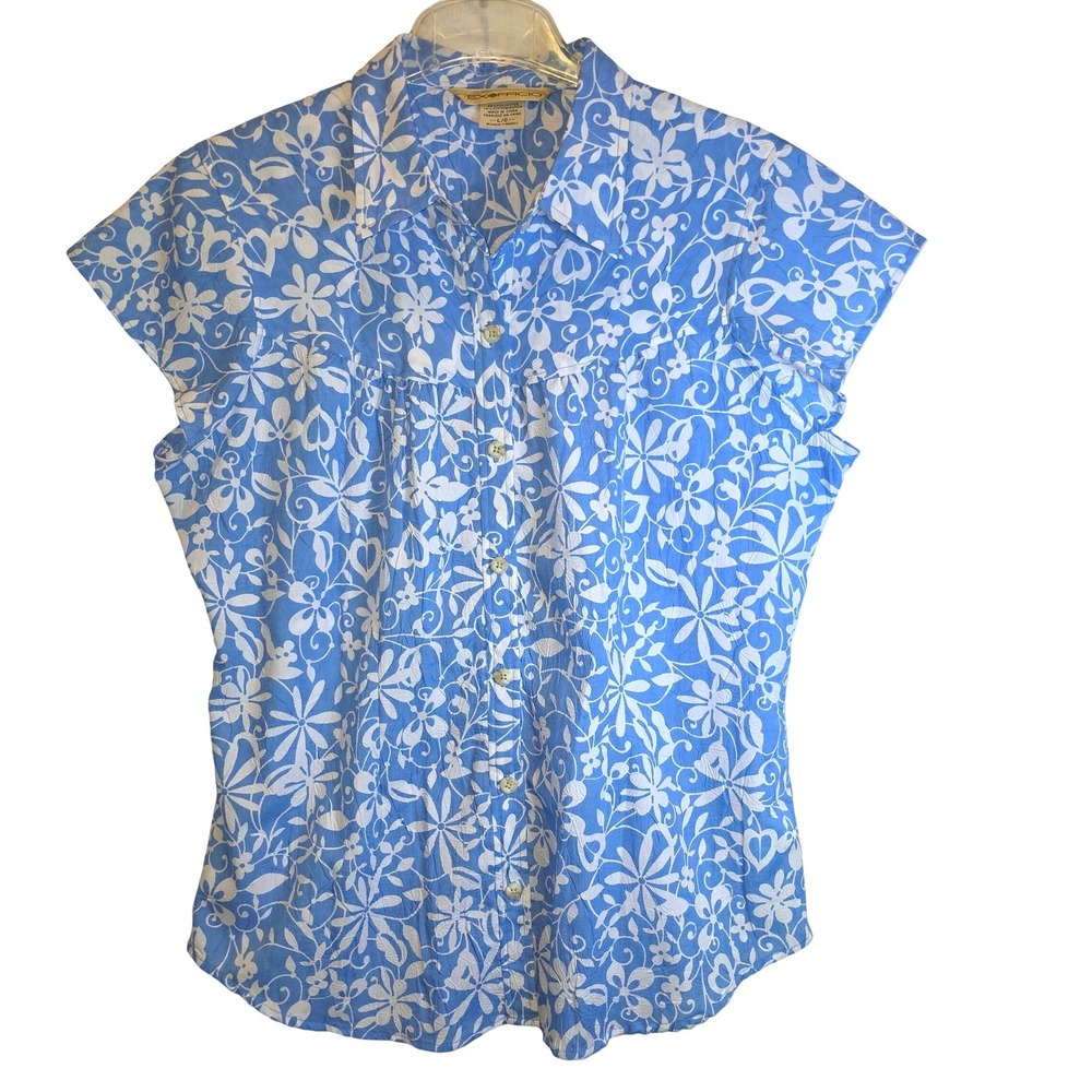 ExOfficio Cap Sleeve Floral Button Up Blouse Hiking Womens Large Blue White